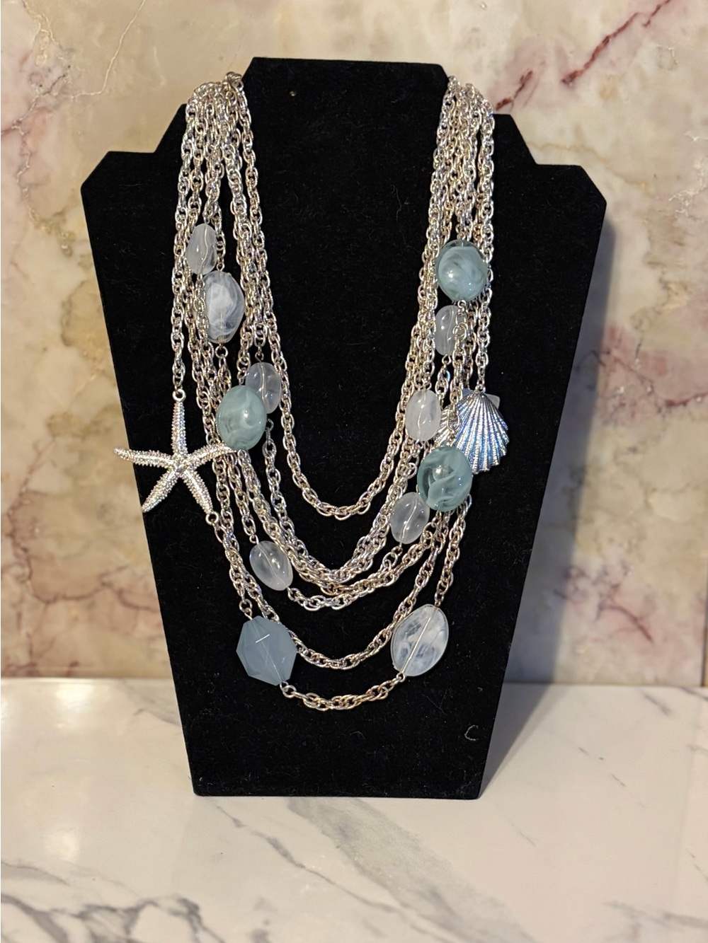 Talbots Silver Multi-Strand Necklace with Sea Glass and Shell Charms